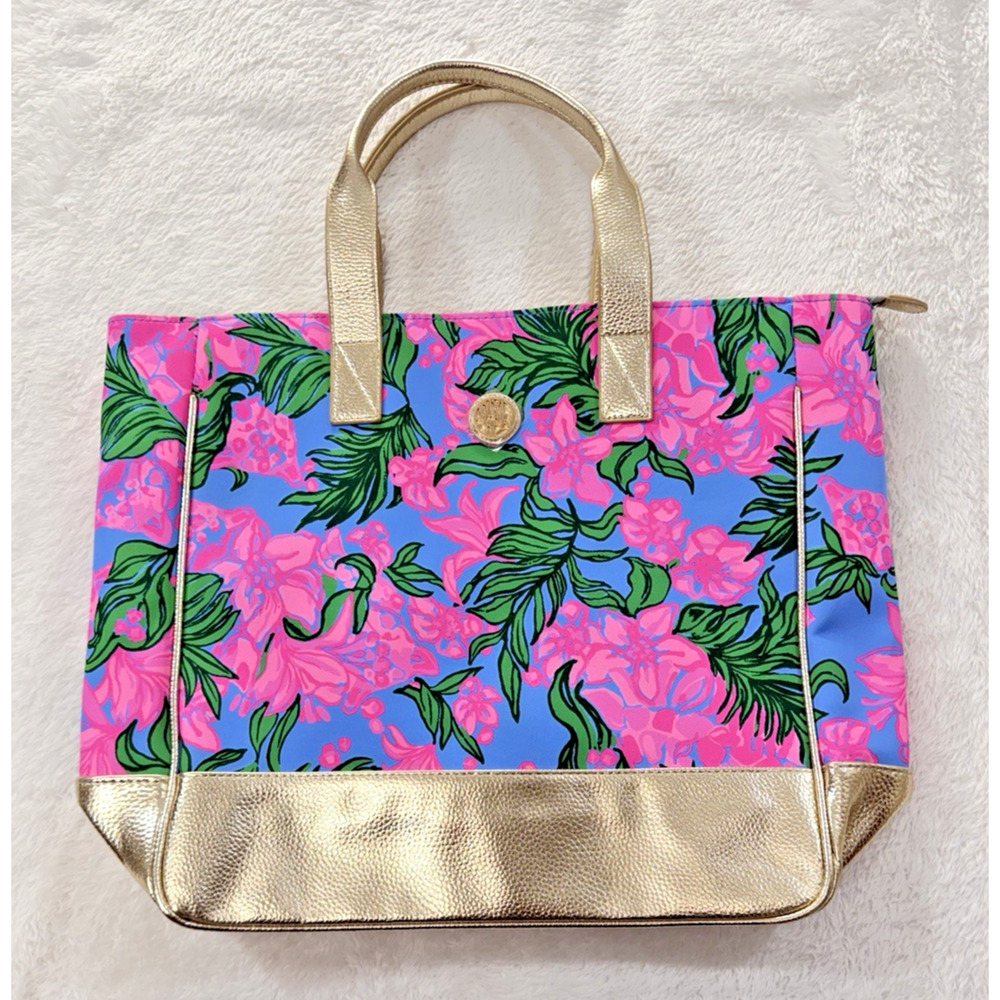 Lilly Pulitzer Gold-Trim Blue Pink Floral Tote